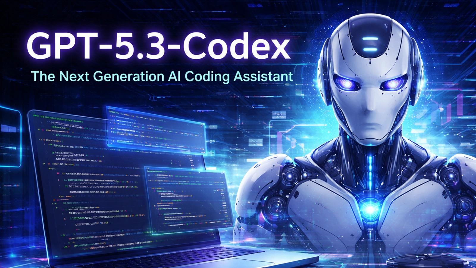 GPT-5.3-Codex AI coding assistant concept with robot and programming code